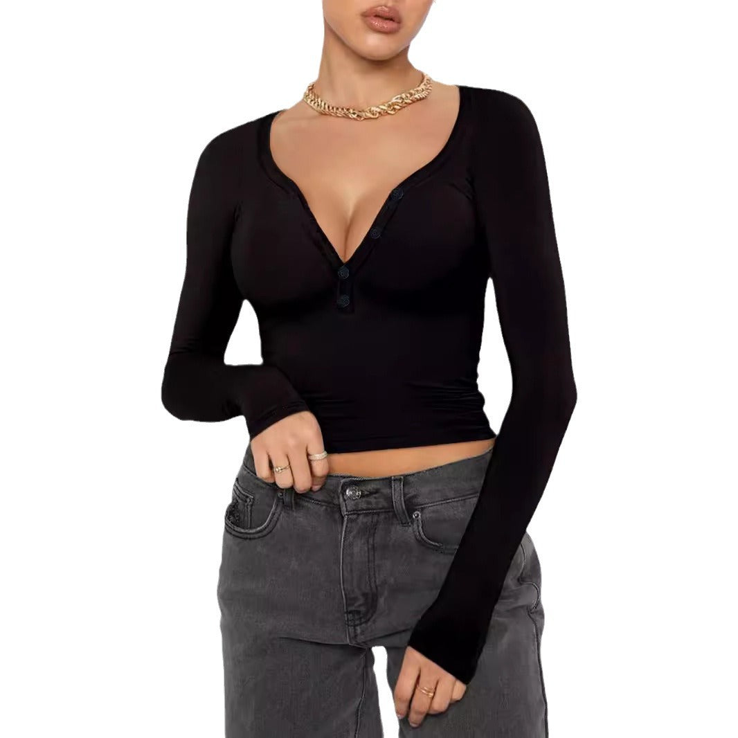 Damen Langarmshirt mit V-Ausschnitt und Knopfdetails Drune