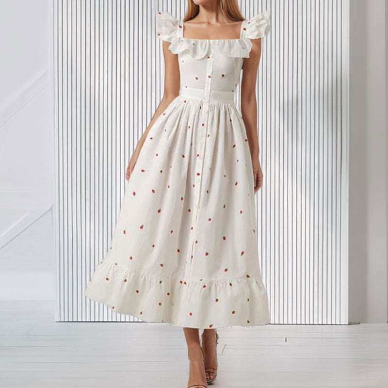 Damen Maxikleid mit Rüschendetails und knöpfbarem Oberteil Drune