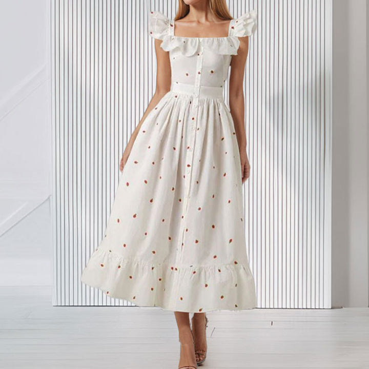 Damen Maxikleid mit Rüschendetails und knöpfbarem Oberteil Drune