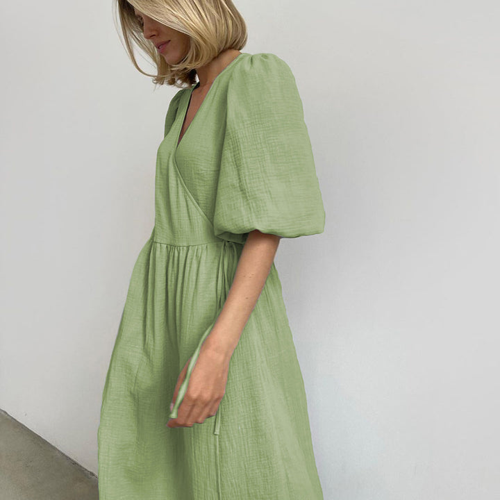 Damen Wickelkleid mit voluminösen Ärmeln und elegantem V-Ausschnitt Drune