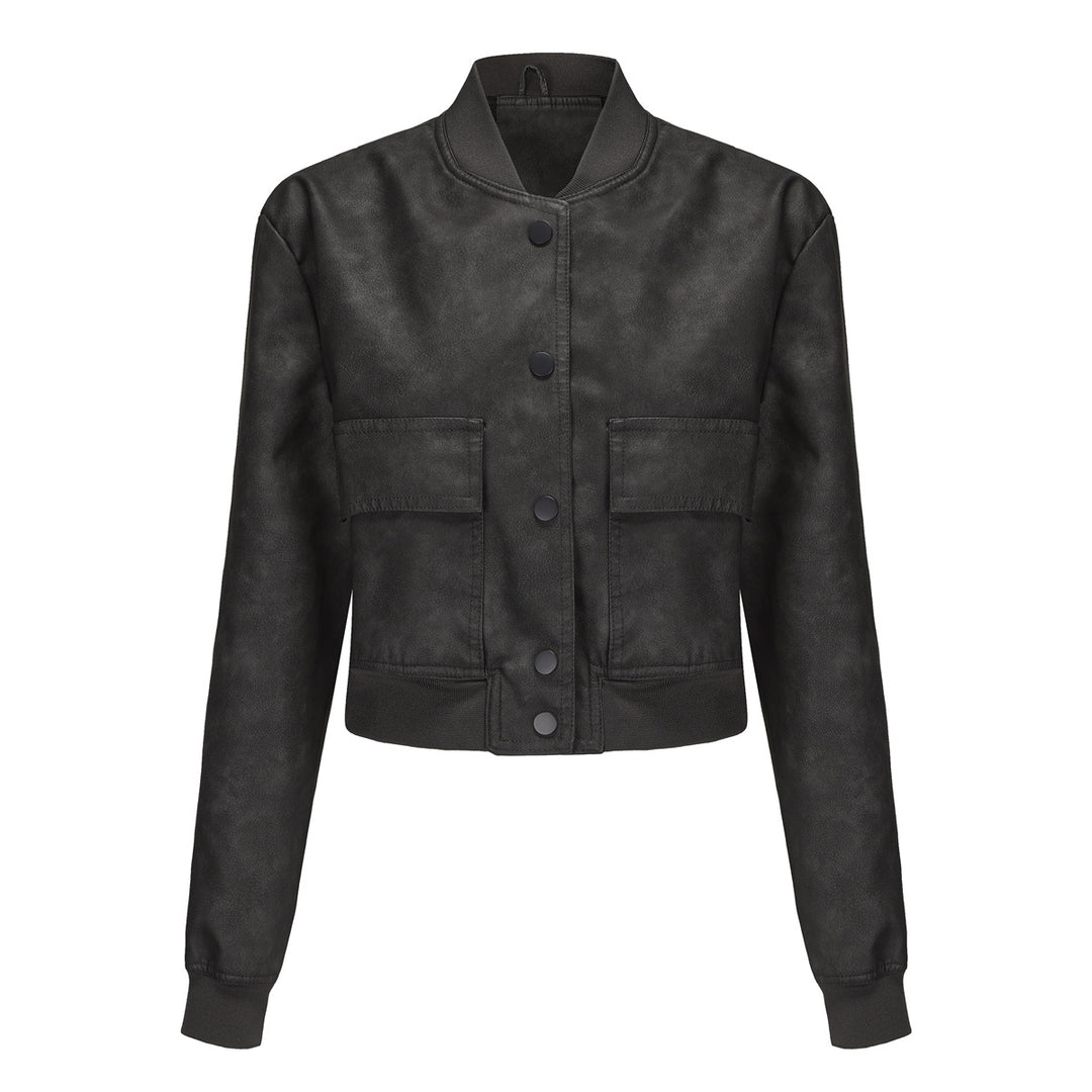 Damen nan kurze Crop-Kunstlederjacke im Blousonstil mit Druckknopffront und aufgesetzten Pattentaschen Drune