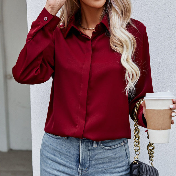 Damen elegante Bluse aus hochwertigem Satin mit langen Ärmel Drune