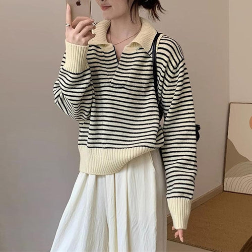 Damen Kuscheliger Strickpullover mit gestreiftem Design und modernem Kragen Drune