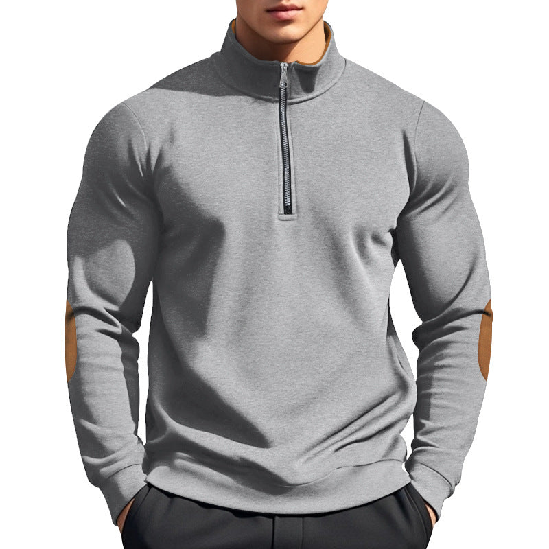Herren nan halbhoher Zip-Pullover mit Stehkragen, Ellbogen-Patches und modernem Regular Fit Drune