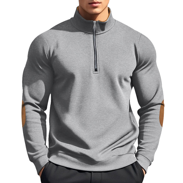 Herren nan halbhoher Zip-Pullover mit Stehkragen, Ellbogen-Patches und modernem Regular Fit Drune