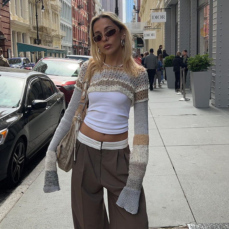 Damen gehäkeltes Crop-Top mit langem Arm und bunten Streifen Drune