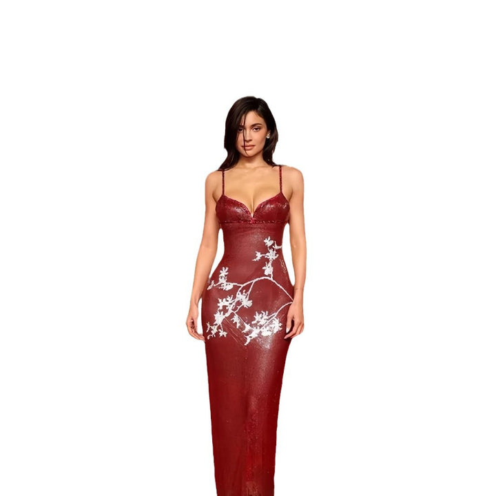 Damen elegantes V-Ausschnitt Abendkleid mit floralem Stickmuster und schmalem Schnitt Drune