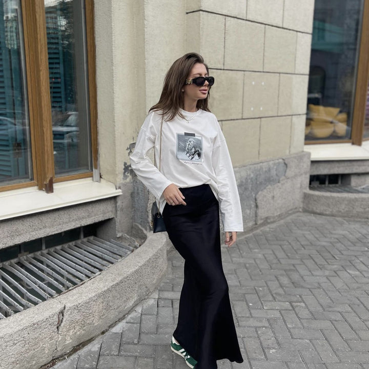 Damen Elegantes Oversized-T-Shirt mit grafischem Print und langen Ärmeln Drune