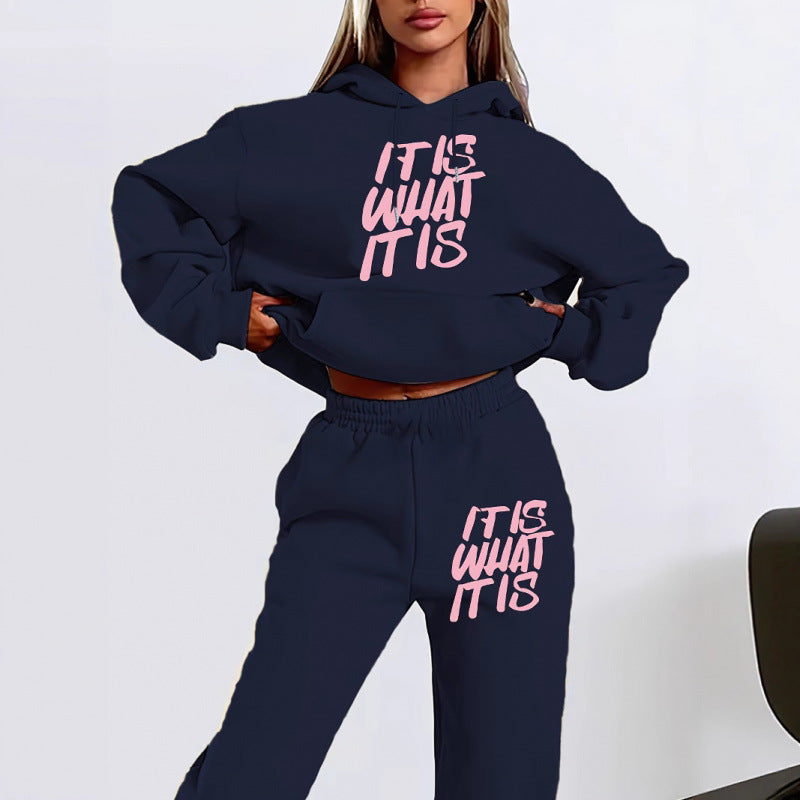 Damen Freizeit-Hoodie und Jogginghose Set mit inspirierendem Schriftzug Drune