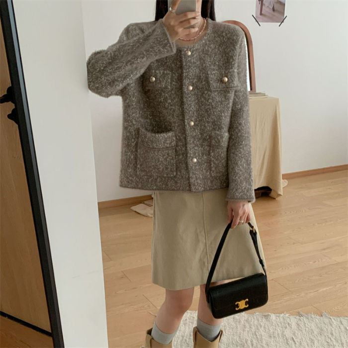 Damen kuschelige Strickjacke mit Perlenknöpfen und praktischen Taschen Drune