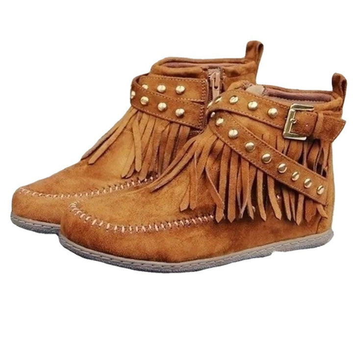 Damen nan fransige Mokassin-Ankleboots mit seitlichem Reißverschluss, dekorativer Schnalle und goldfarbenen Nieten Drune