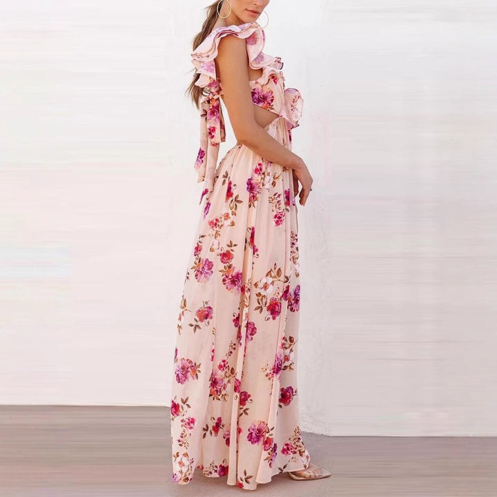 Damen Maxikleid mit floralen Rüschendetails und elegantem V-Ausschnitt Drune