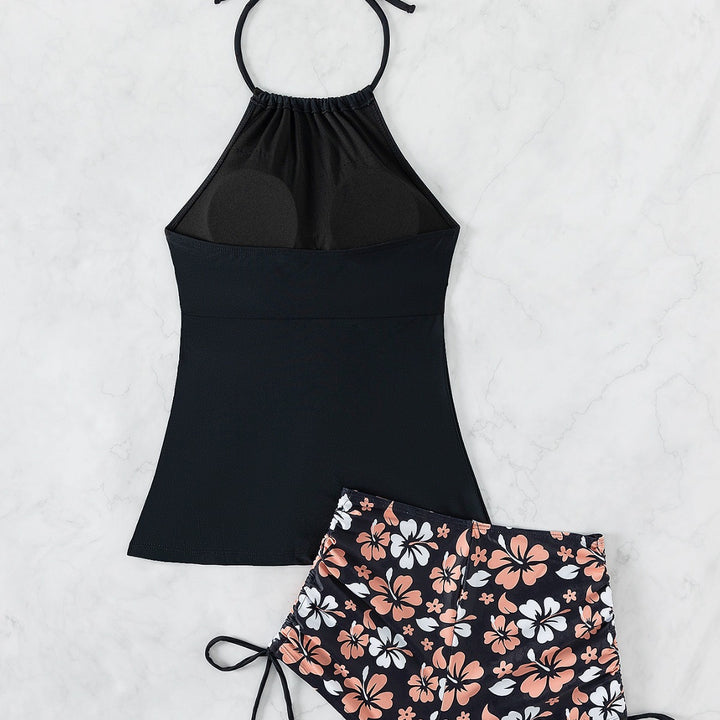 Damen Sport Top mit verstellbarem Nackenträger und floralem Muster Shorts Drune