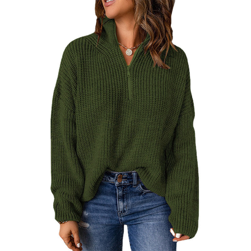 Damen Grober Strickpullover mit Stehkragen und Reißverschluss Drune
