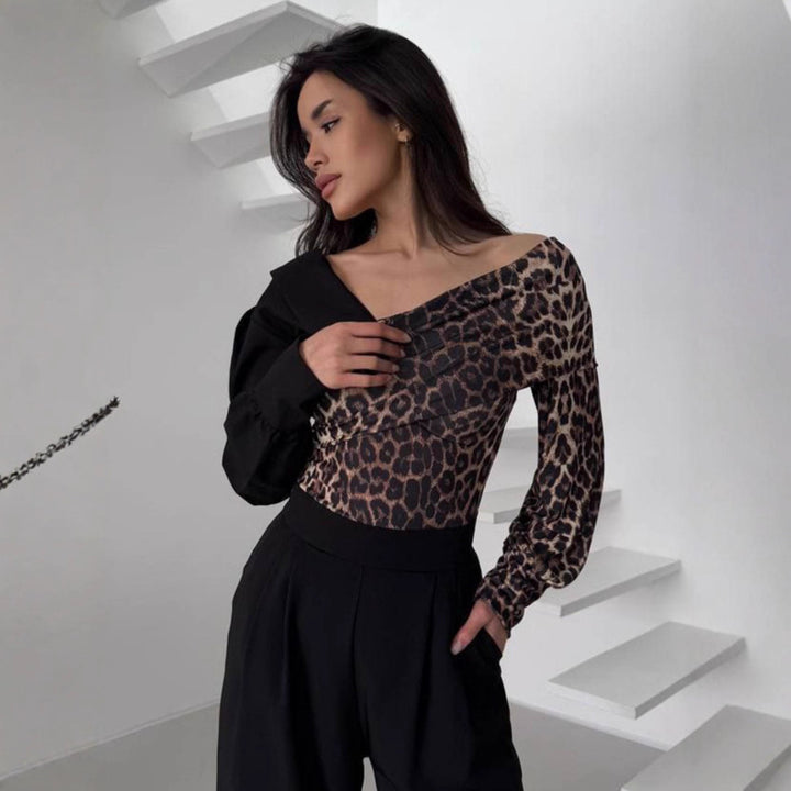 Damen Elegantes halb-schulterfreies Oberteil mit tierischem Motiv Drune