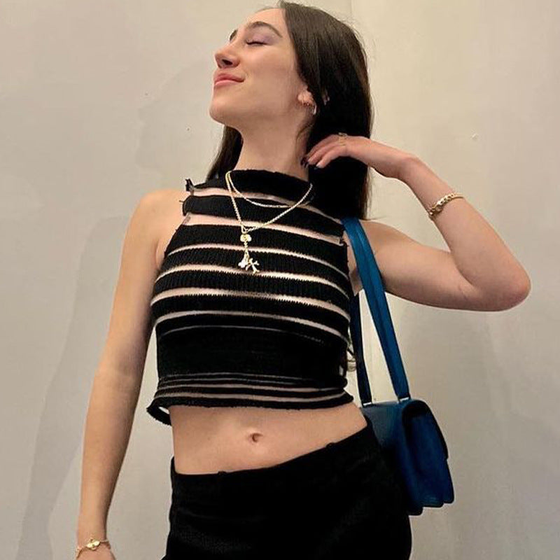 Damen Crop-Top mit transparenter Lochmusterstruktur Drune