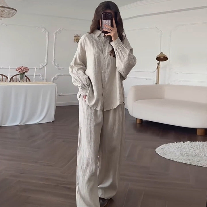 Damen lässiges Leinen-Loungewear-Set mit taillierter Bluse und weiten Hosen Drune