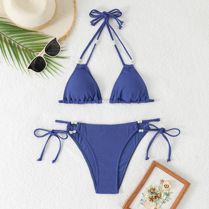 Damen Triangle-Bikini mit perlenschmückten Trägern und eleganter Raffung Drune