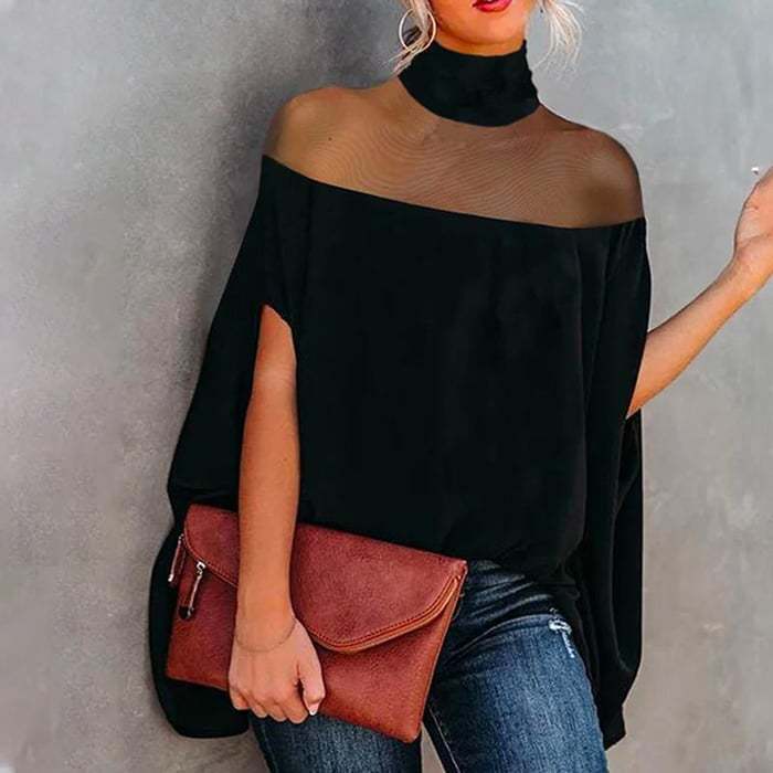 Damen Modische Tunika mit transparenten Einsätzen und hohem Kragen Drune