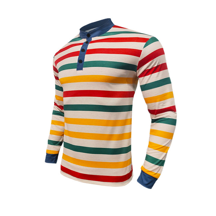Herren nan gestreiftes Henley-Langarmshirt mit Stehkragen und feiner Baumwollmischung Drune
