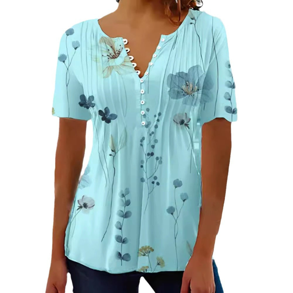Damen nan leichtes V-Ausschnitt Blusenshirt mit Zierknopfleiste und dezent plissierter Vorderpartie Drune