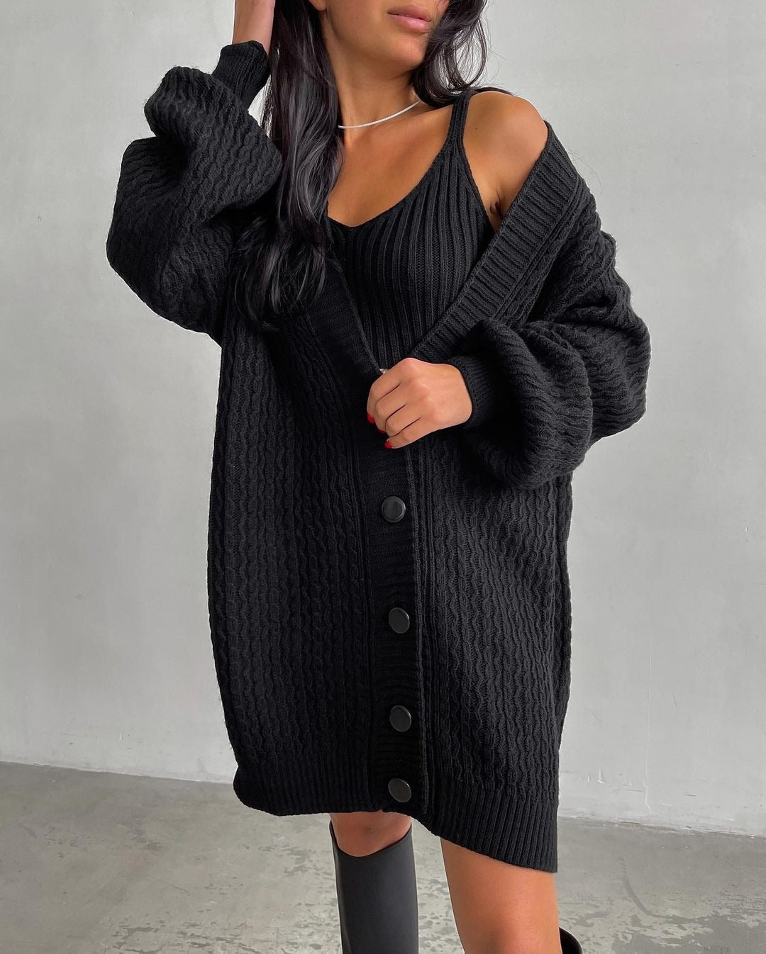Damen Großer Strickcardigan mit Knopfleiste und Ballonärmeln Drune
