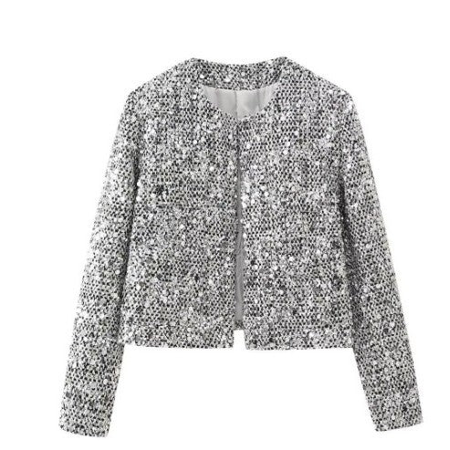 Damen nan gefütterte Bouclé-Kurzjacke mit Paillettenbesatz, Rundhalsausschnitt und offener Front Drune