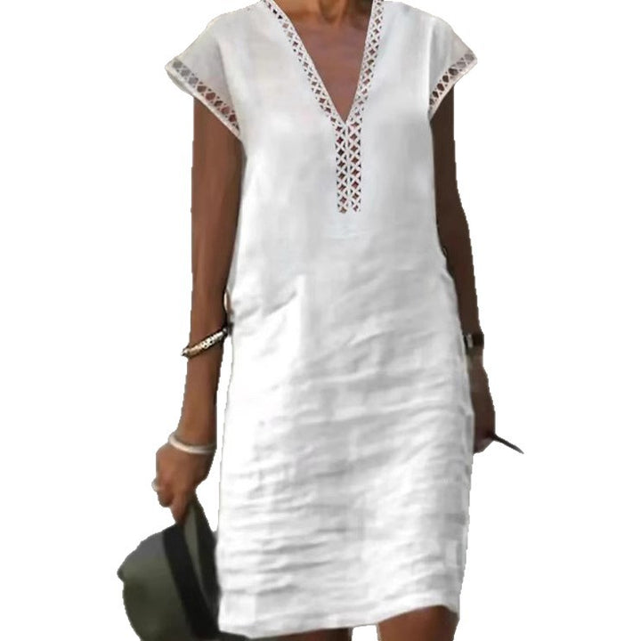 Damen nan leichtes Leinen-Kaftankleid mit V-Ausschnitt und Ajourbesatz Drune