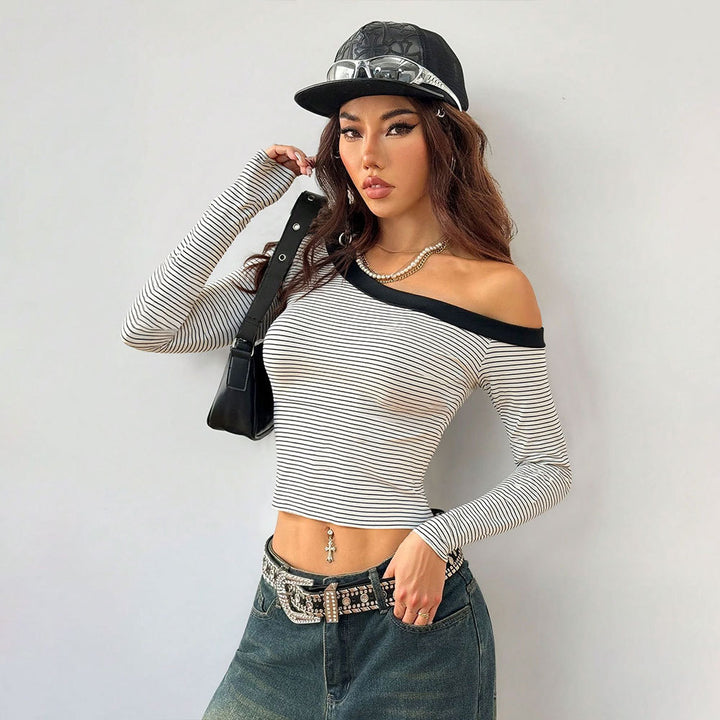 Damen Off-Shoulder Langarmshirt mit gestreiftem Design Drune