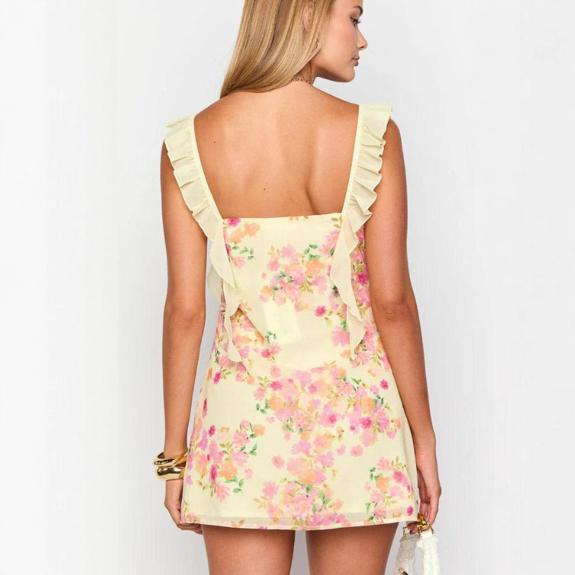 Damen nan kurzes Sommer-Minikleid mit Rüschen-Trägern, gerafftem Bustier und figurbetonter Silhouette Drune