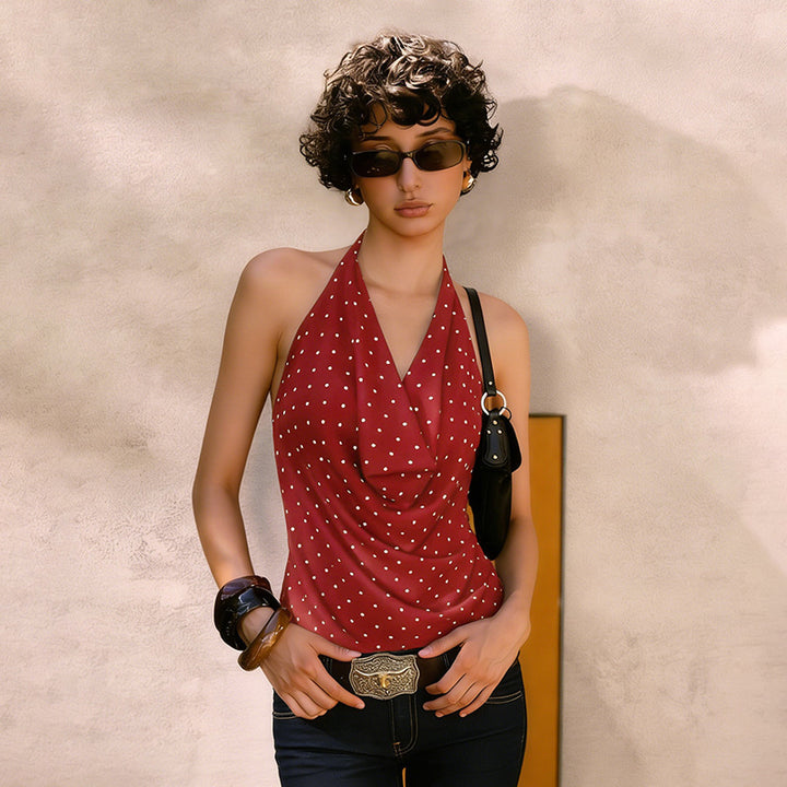 Damen Top mit elegantem Wasserfallausschnitt und Punktedesign Drune