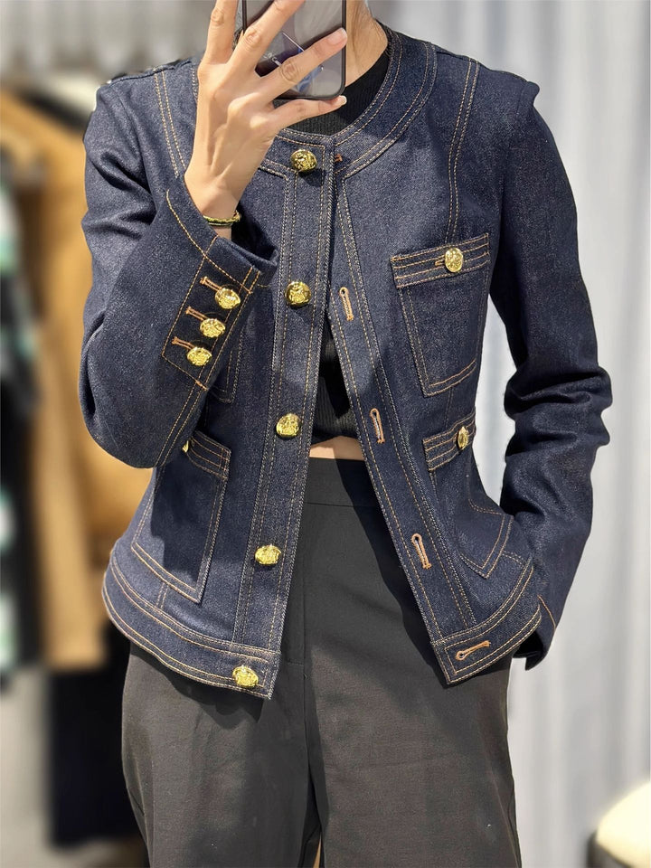 Damen Modische Denimjacke mit goldenen Knöpfen Drune