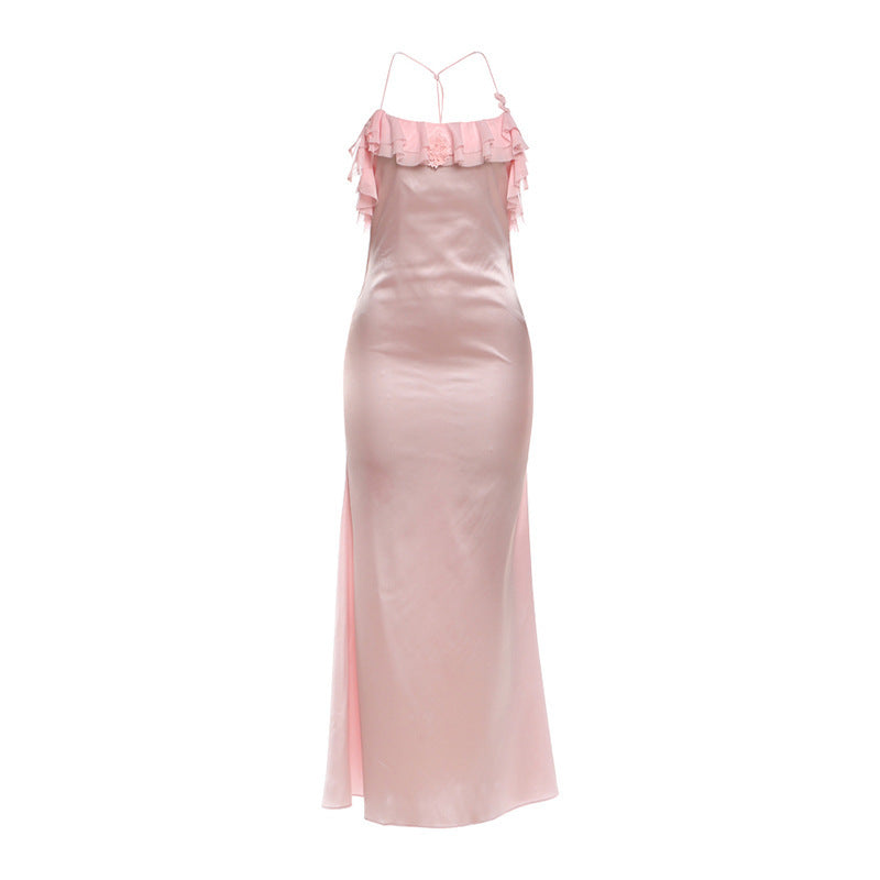 Damen Maxi-Kleid mit eleganten Rüschendetails und tiefem Rückenausschnitt Drune