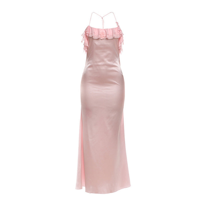 Damen Maxi-Kleid mit eleganten Rüschendetails und tiefem Rückenausschnitt Drune