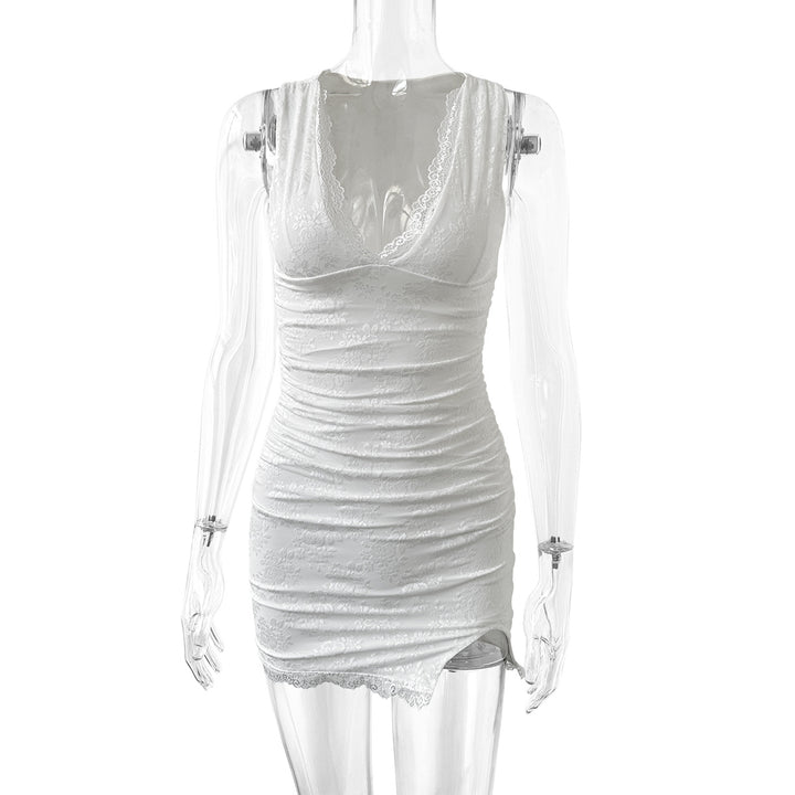 Damen sexy Wickelkleid mit Spitzenbesatz und tiefem V-Ausschnitt Drune