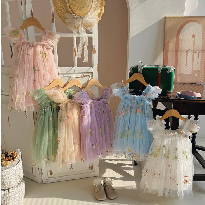 Mädchen Besticktes Tüll Partykleid mit Rüscheträgern Drune