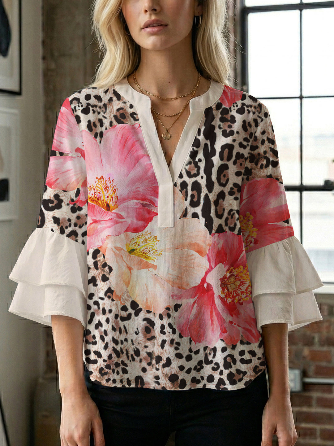Damen lässige Bluse mit Volantärmeln und botanischem Druck Drune