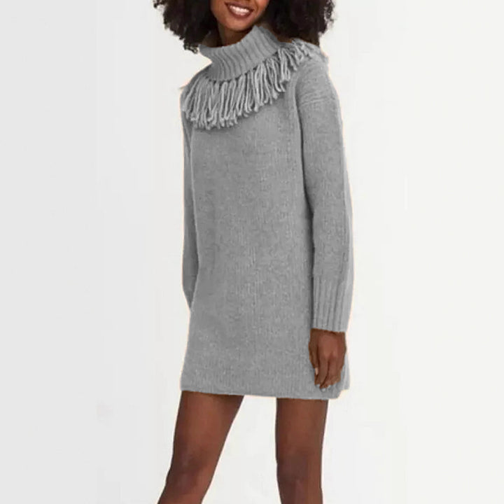 Damen Strickkleid mit hohem Rollkragen und modischen Fransen Drune