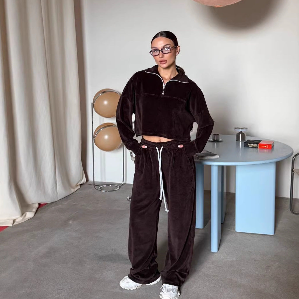 Damen cropped Sweatshirt mit halbem Reißverschluss und weiten Hosen Drune