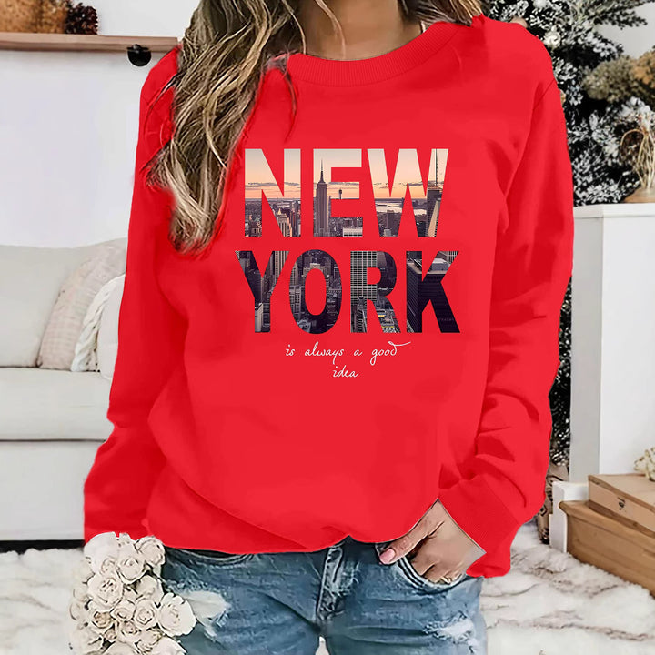 Damen Sweatshirt mit kreativem New York Skyline Druck und gemütlichem Schnitt Drune