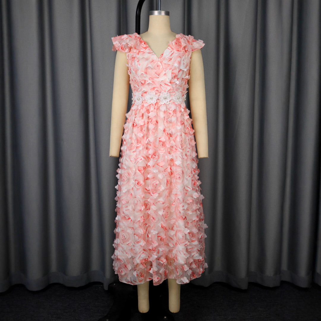Damen Elegantes Maxikleid mit floralen Rüschen Drune