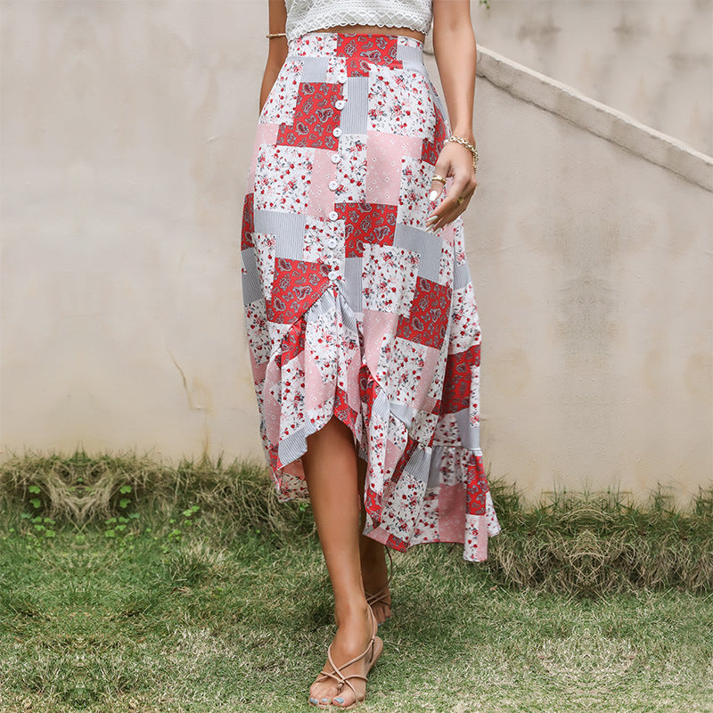 Damen Maxi-Rock mit verspieltem Patchwork-Design und Knopfdetails Drune