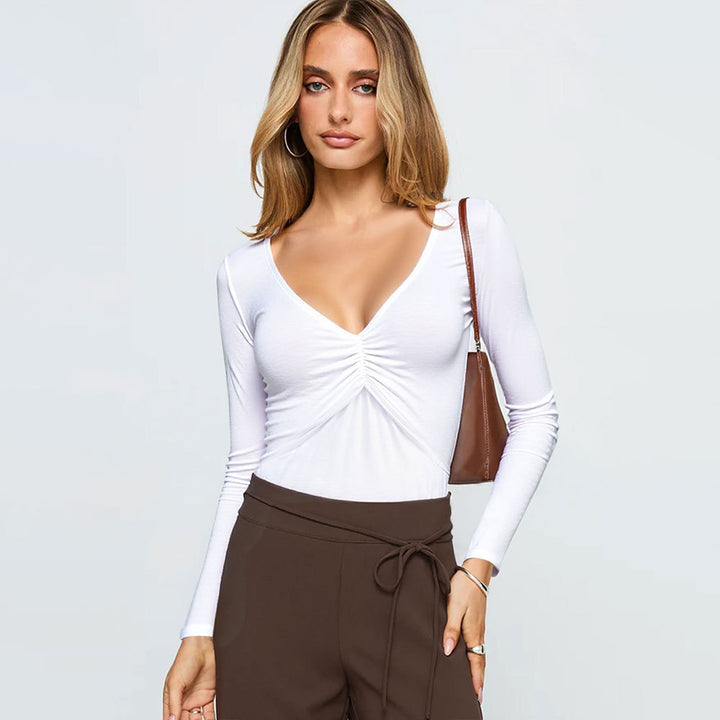 Damen Langarmshirt mit Raffung und V-Ausschnitt Drune