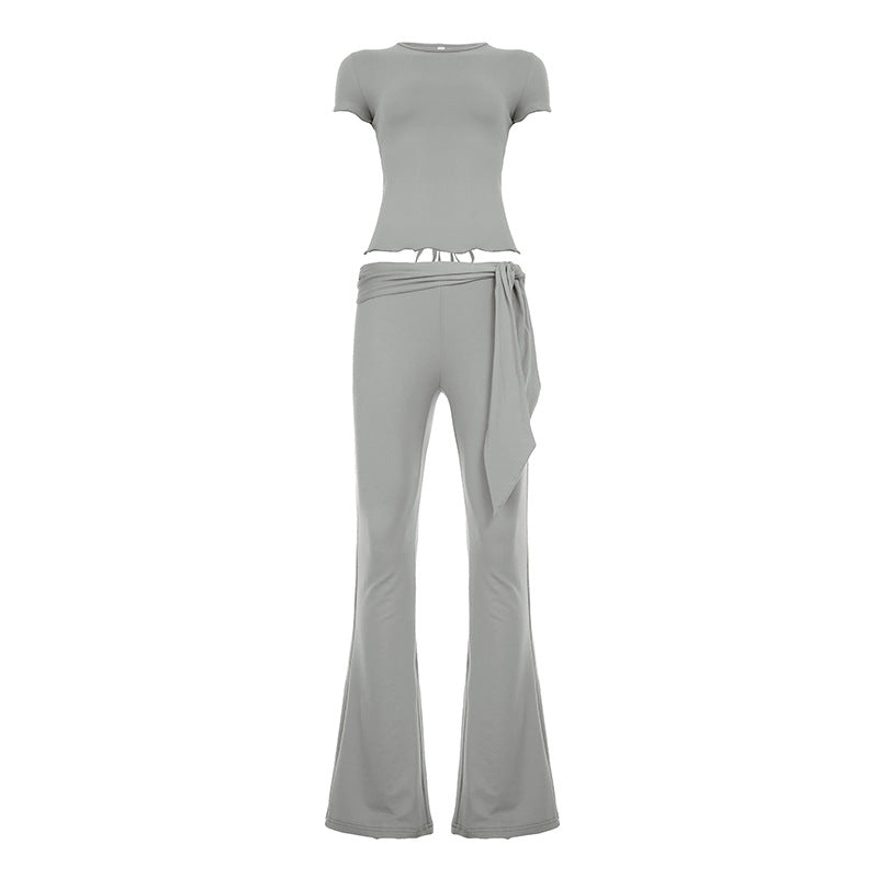 Damen lässiges Set aus Top und Schlaghose mit modischem Bindedetail Drune