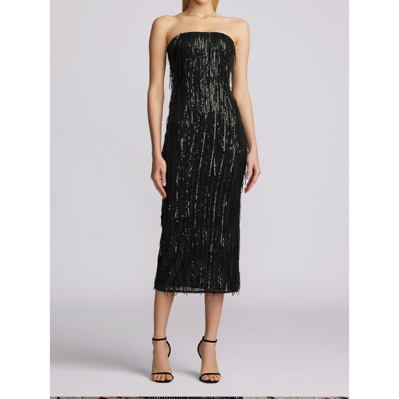 Damen Glamouröses Langarmkleid mit Paillettenverzierung Drune