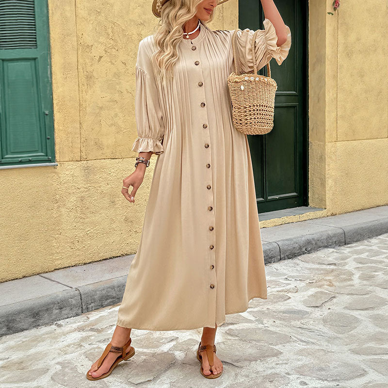 Damen Knielanges Freizeitkleid mit gerafften Ärmeln und durchgehender Knopfleiste Drune