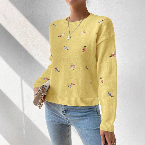Damen Feinstrickpullover mit floralem Stickdesign und Rundhalsausschnitt Drune