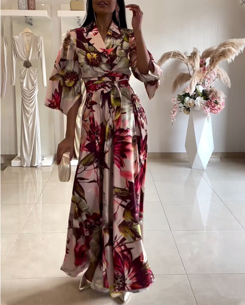 Damen elegantes Blumenkleid mit tailliertem Gürtel und weiten Ärmeln Drune