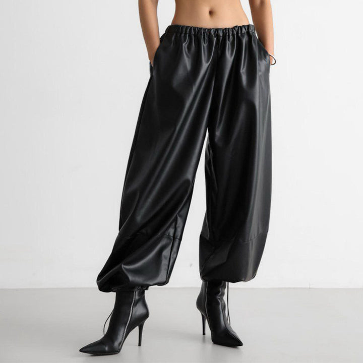 Damen Hochwertige Lederlook Hose mit elastischem Bund und weiten Beinen Drune