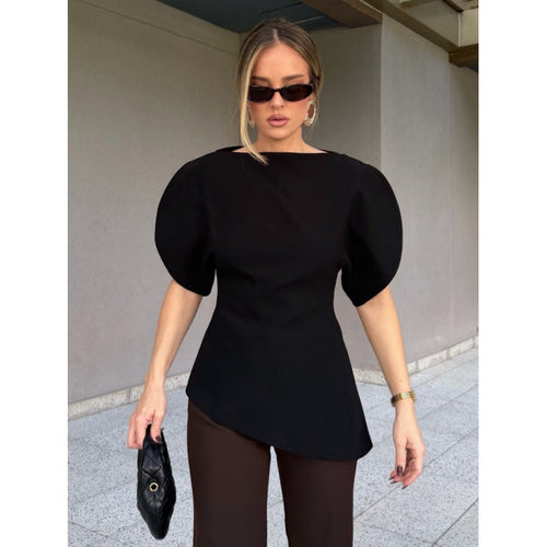 Damen Bluse mit voluminösen Puffärmeln und asymmetrischem Saum Drune